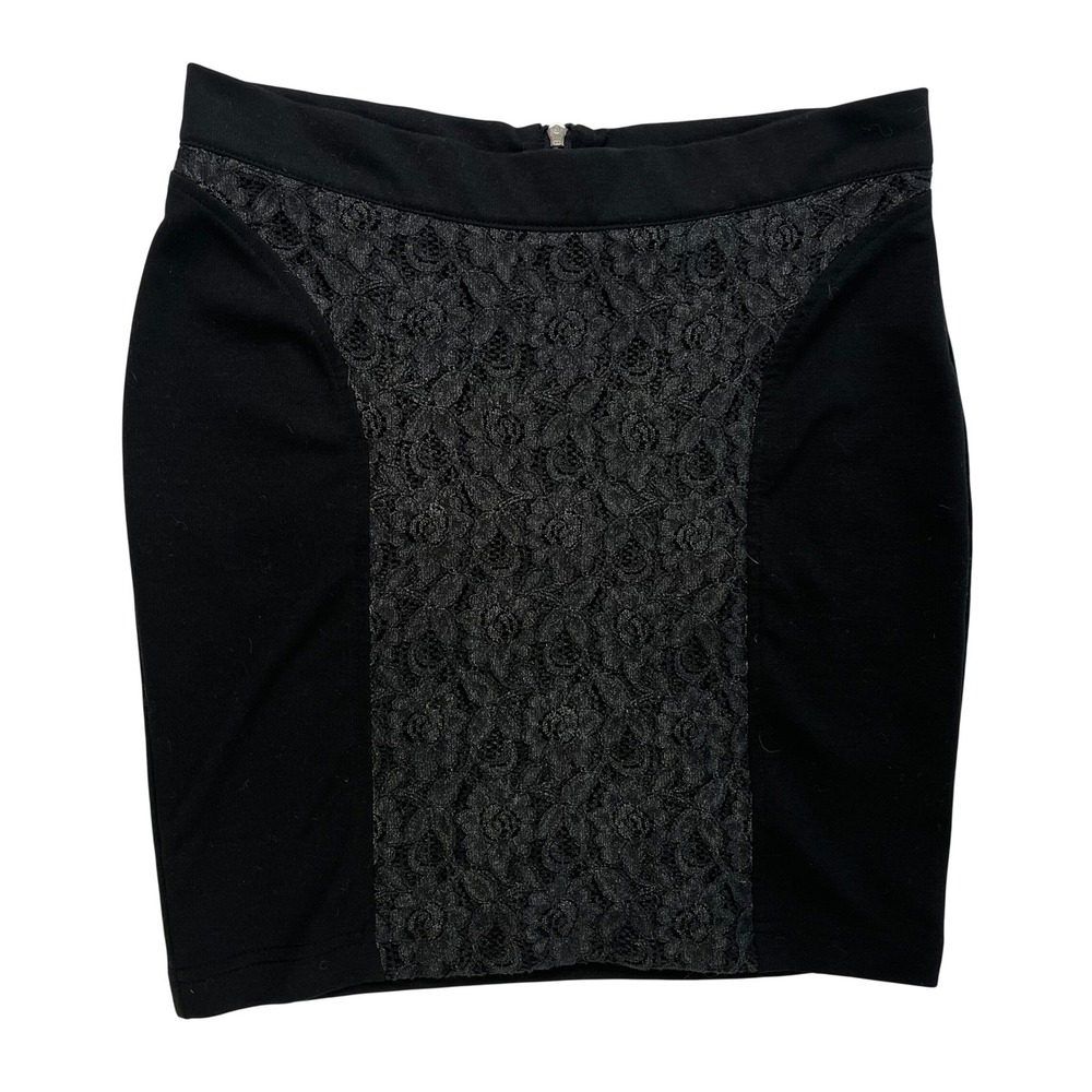 Heart Crush Black Floral Lace Bodycon Mini Skirt Metallic Accent Small Back Zip